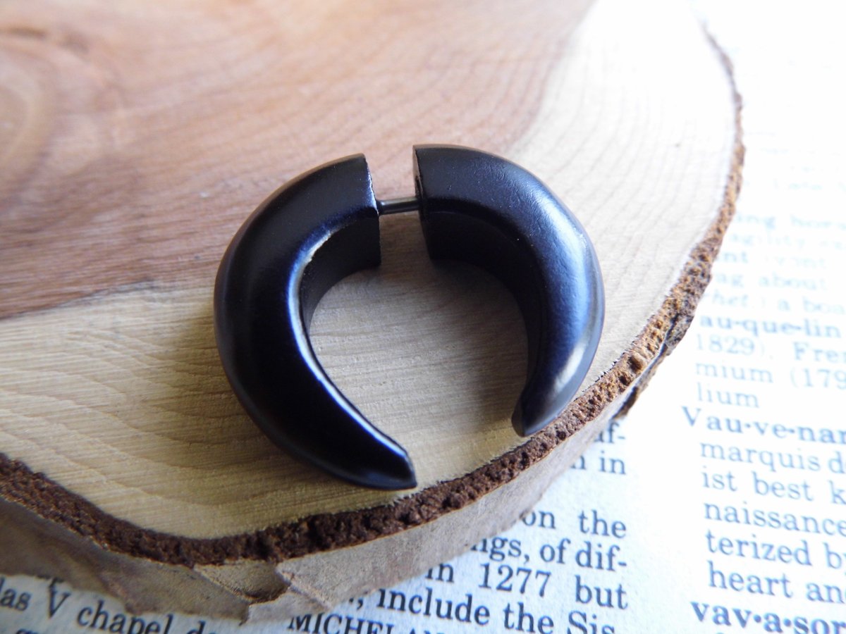 Black Crescent Moon Tribal Wood Earring Faux Plug