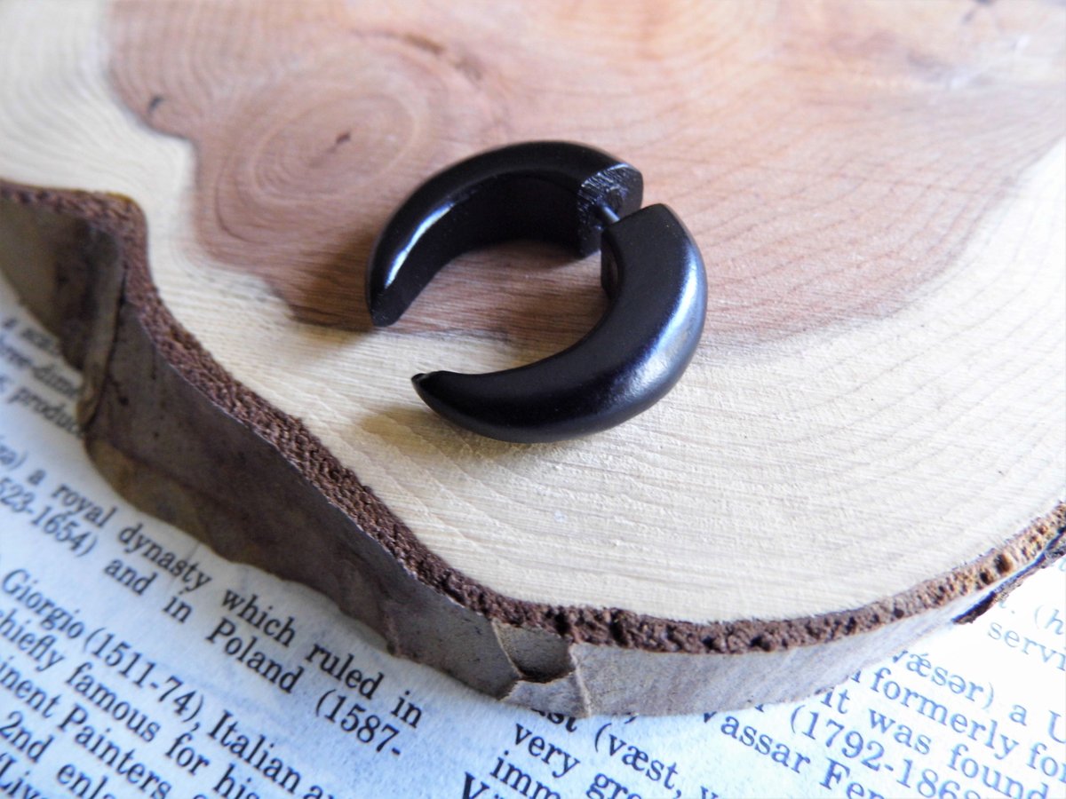 Black Crescent Moon Tribal Wood Earring Faux Plug