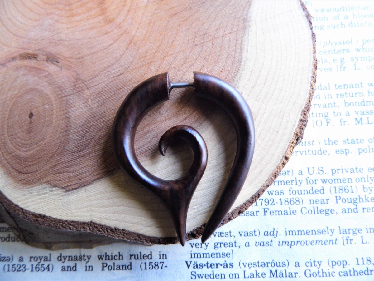 Small Brown Wood Spiral Hoop Earring Faux Plug