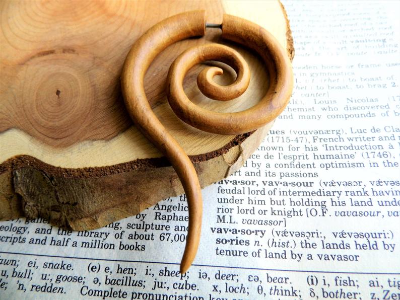 Large Light Wood Spiral Earring Hoop Faux Gauge