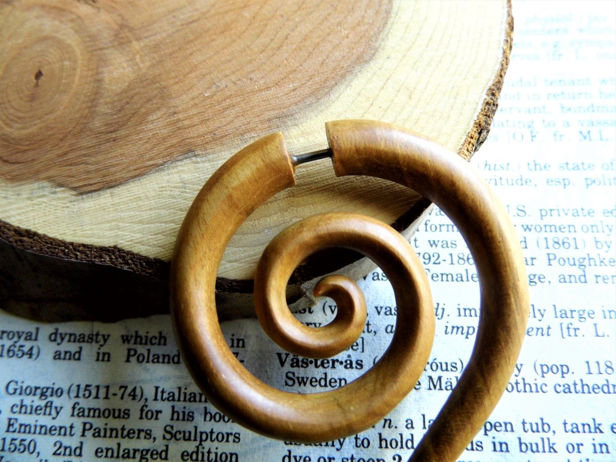 Large Light Wood Spiral Earring Hoop Faux Gauge