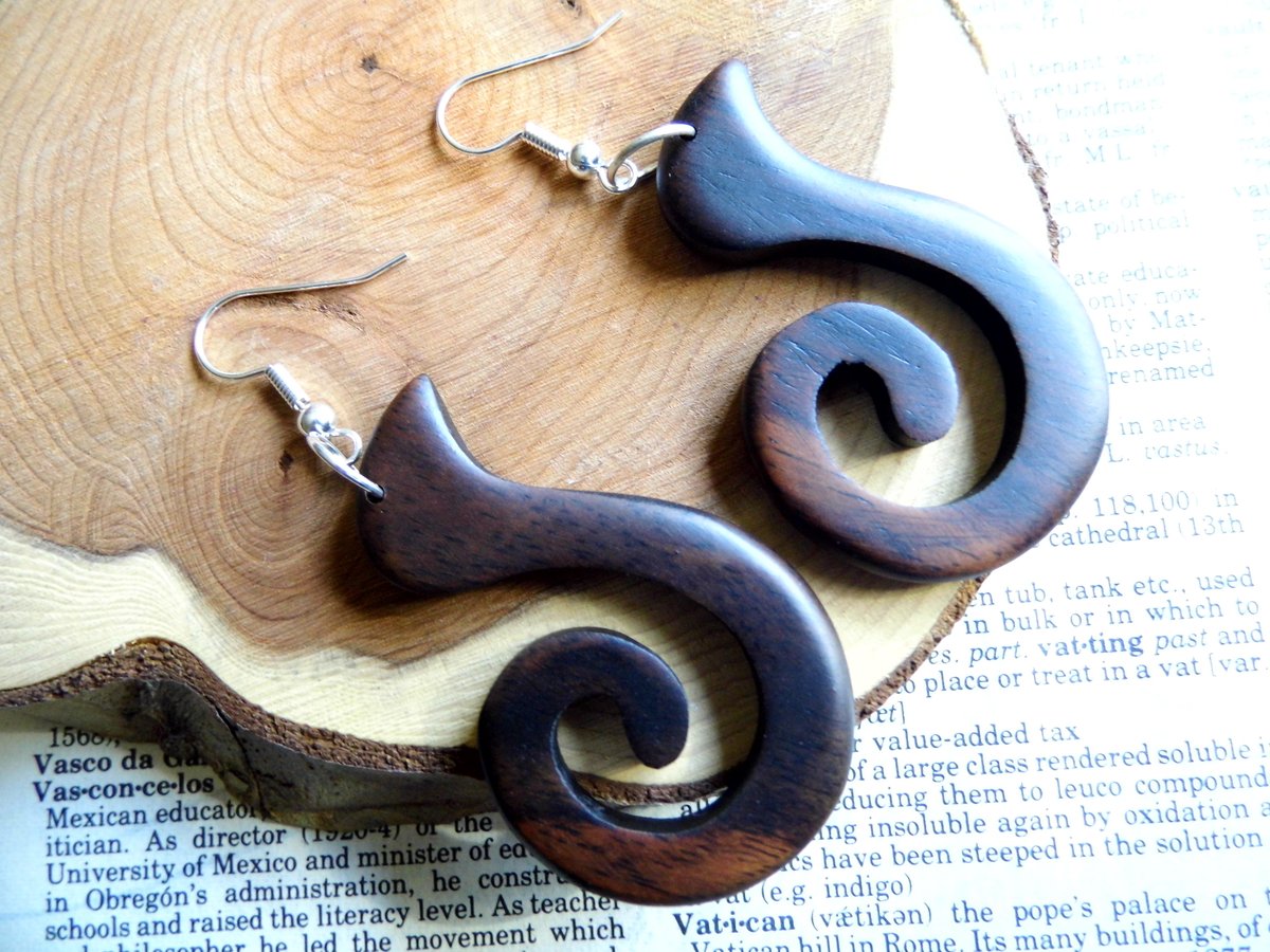 Wood Earrings Drop Dangle Silver Spiral Swirl