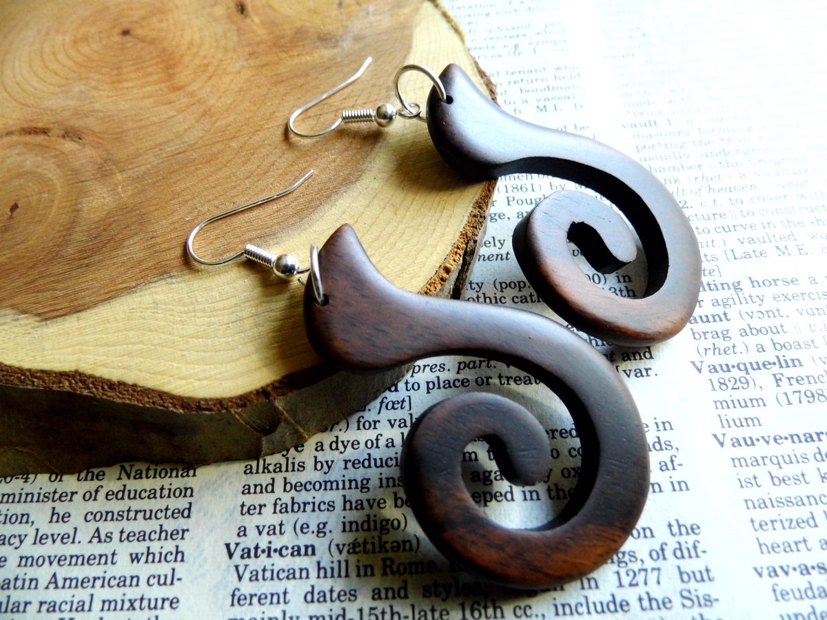 Wood Earrings Drop Dangle Silver Spiral Swirl