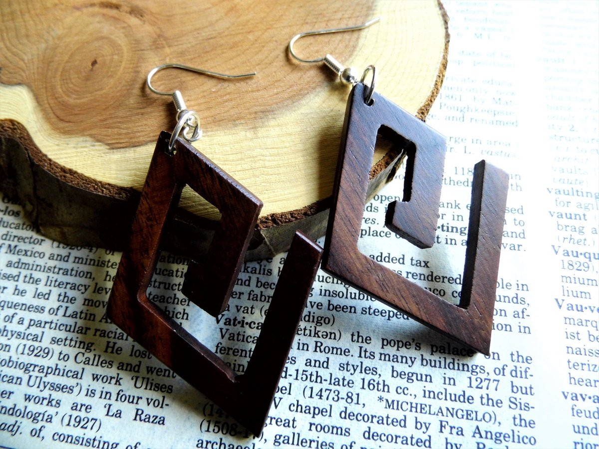 Wood Earrings Drop Dangle Silver Spiral Square