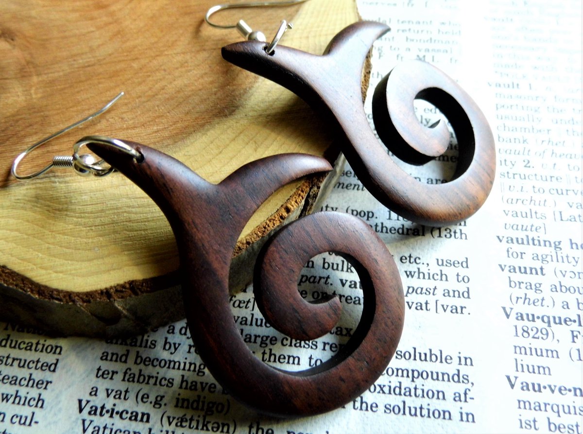 Wood Earrings Drop Dangle Silver Fish Spiral