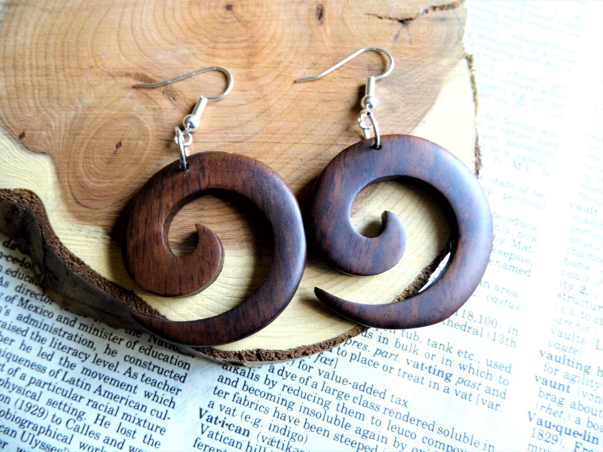 Wood Earrings Drop Dangle Silver Hoops Spiral