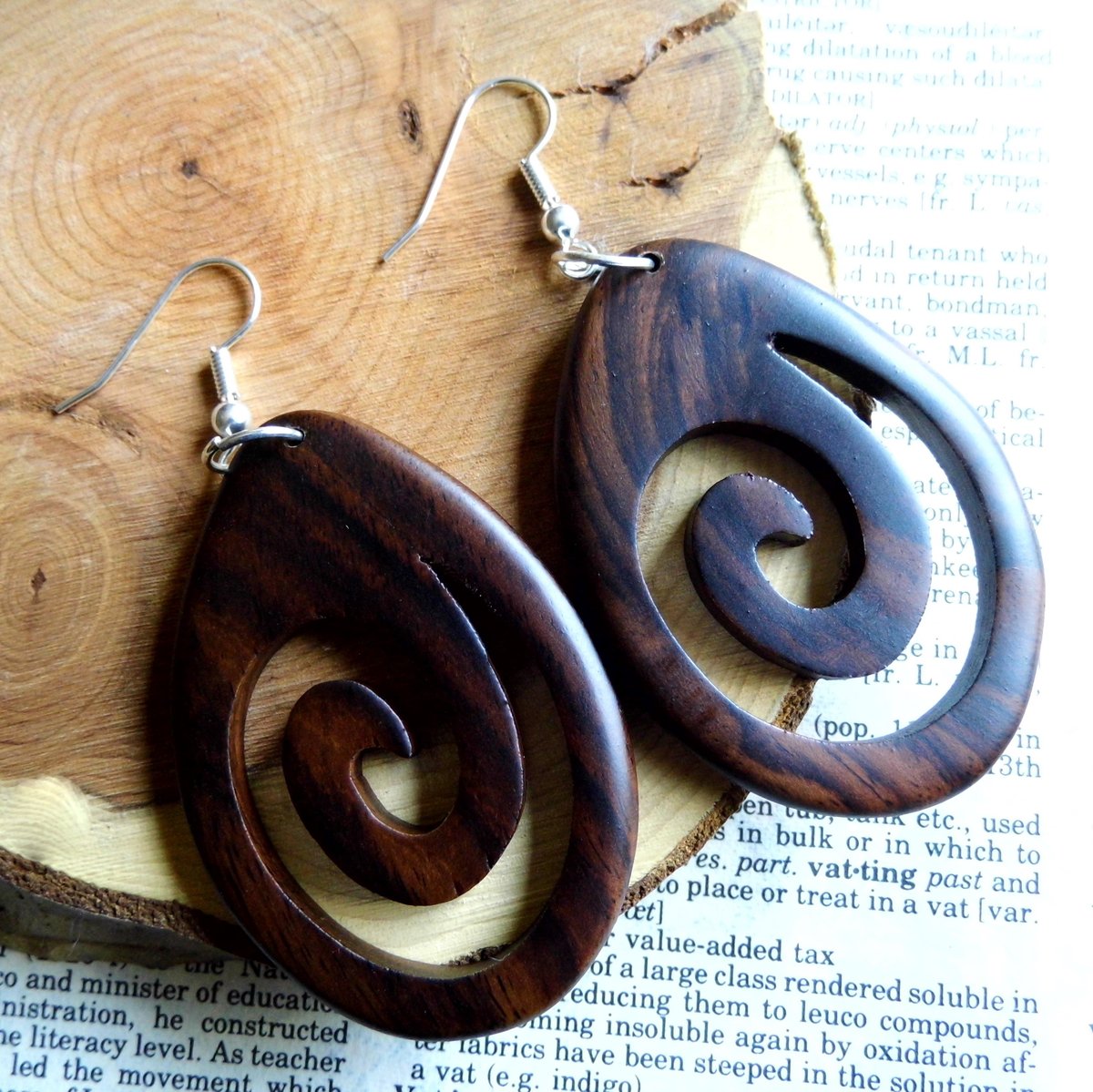 Wood Earrings Drop Dangle Silver Spiral Wave