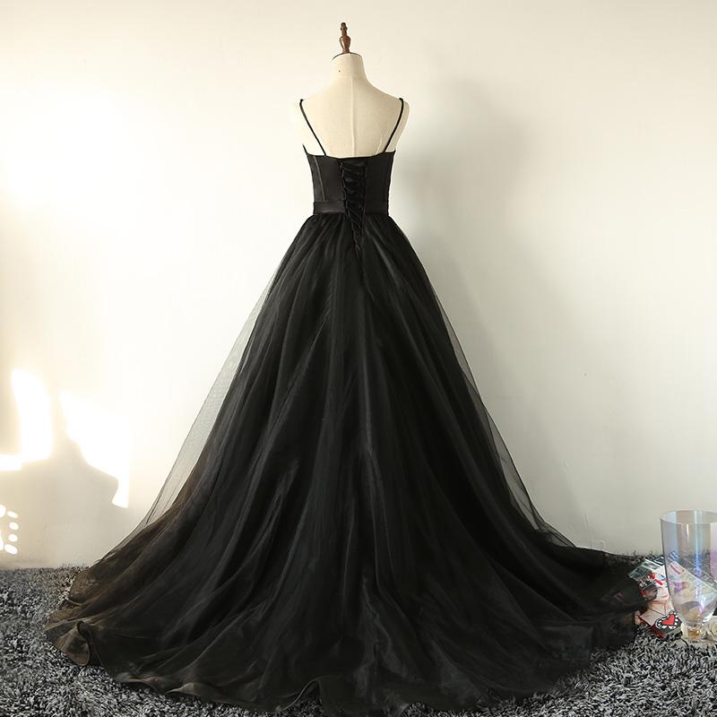 Black Tulle Straps Long Prom Dress, Black Evening Gown