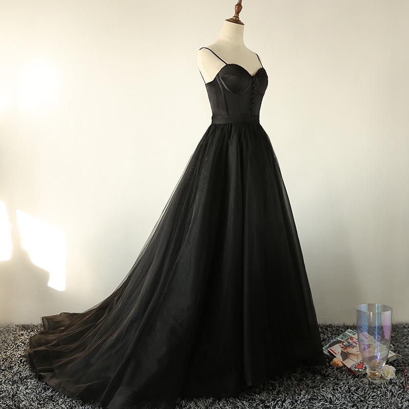 Black Tulle Straps Long Prom Dress, Black Evening Gown