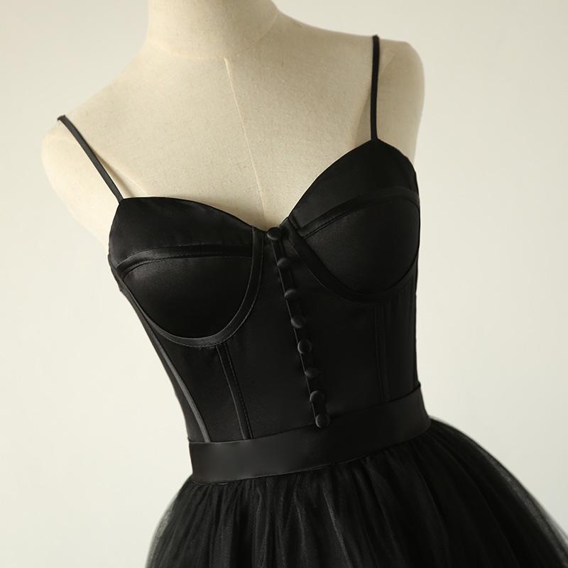 Black Tulle Straps Long Prom Dress, Black Evening Gown
