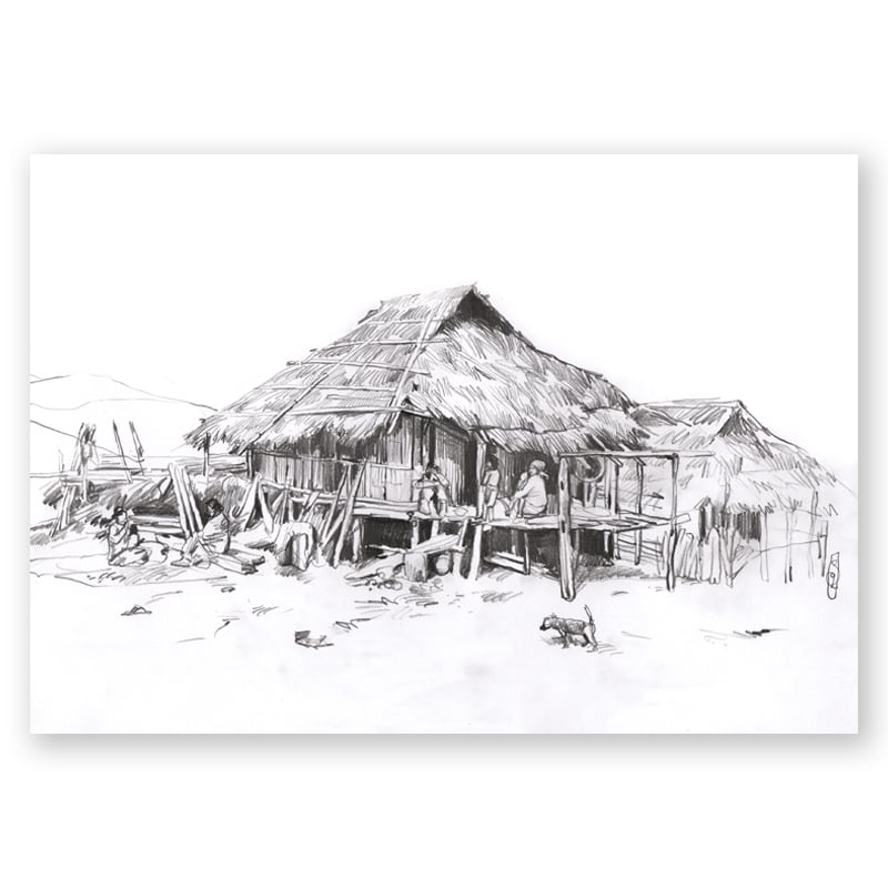 Image of Original Painting - "Dans un village Lahu-shi" - 20x30 cm