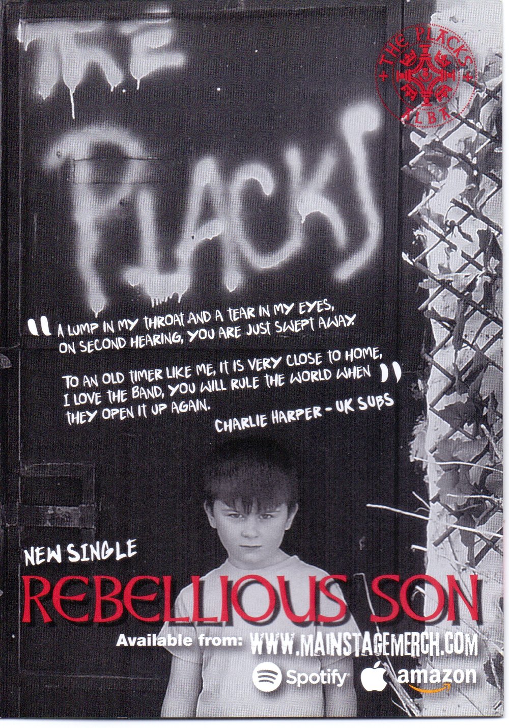 The Placks - 7" - Rebellious Son - Red vinyl single (RECOMMENDED BY CHARLIE) MONIES TO NHS CHARITY