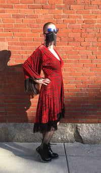 Image 3 of Red Burnout Velvet Fringe Robe 