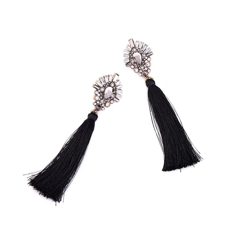 Image of Black Tassel and Crystal Studs