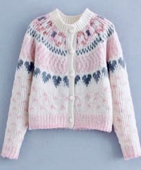Image 2 of Pink pattern and grey heart cardi SMALL