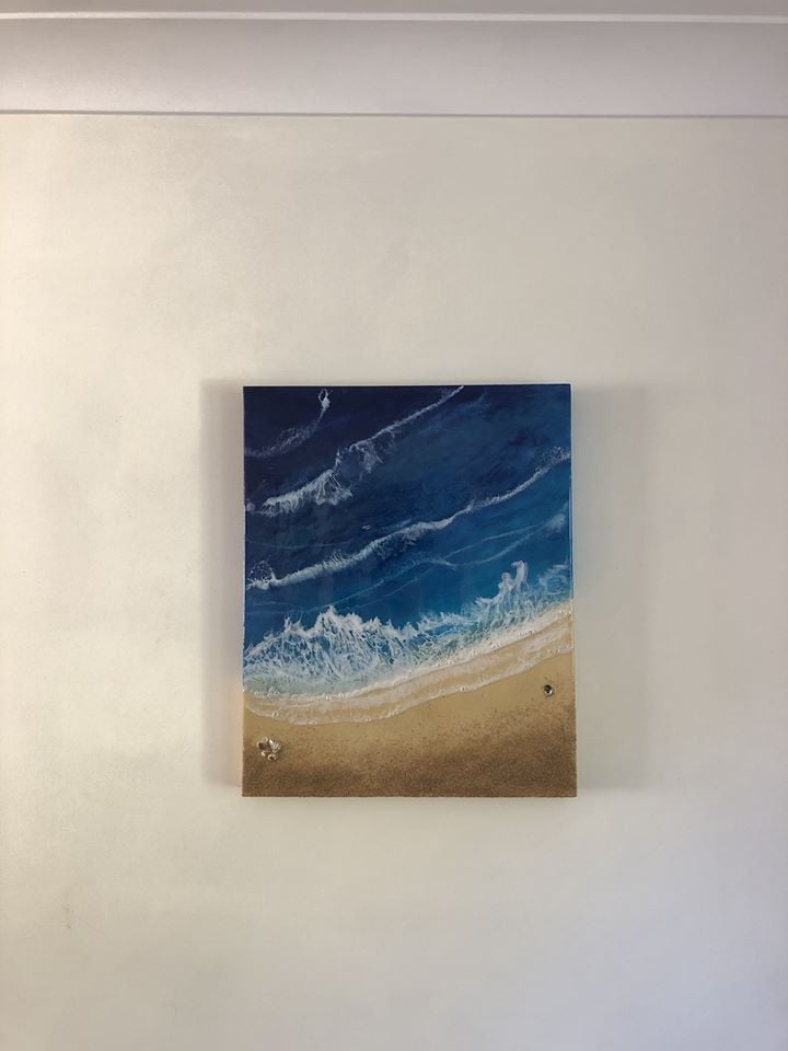 Image of 20" x 16" Ocean/Beach resin painting