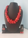 Red Coral Chunky Necklace & Earrings Set