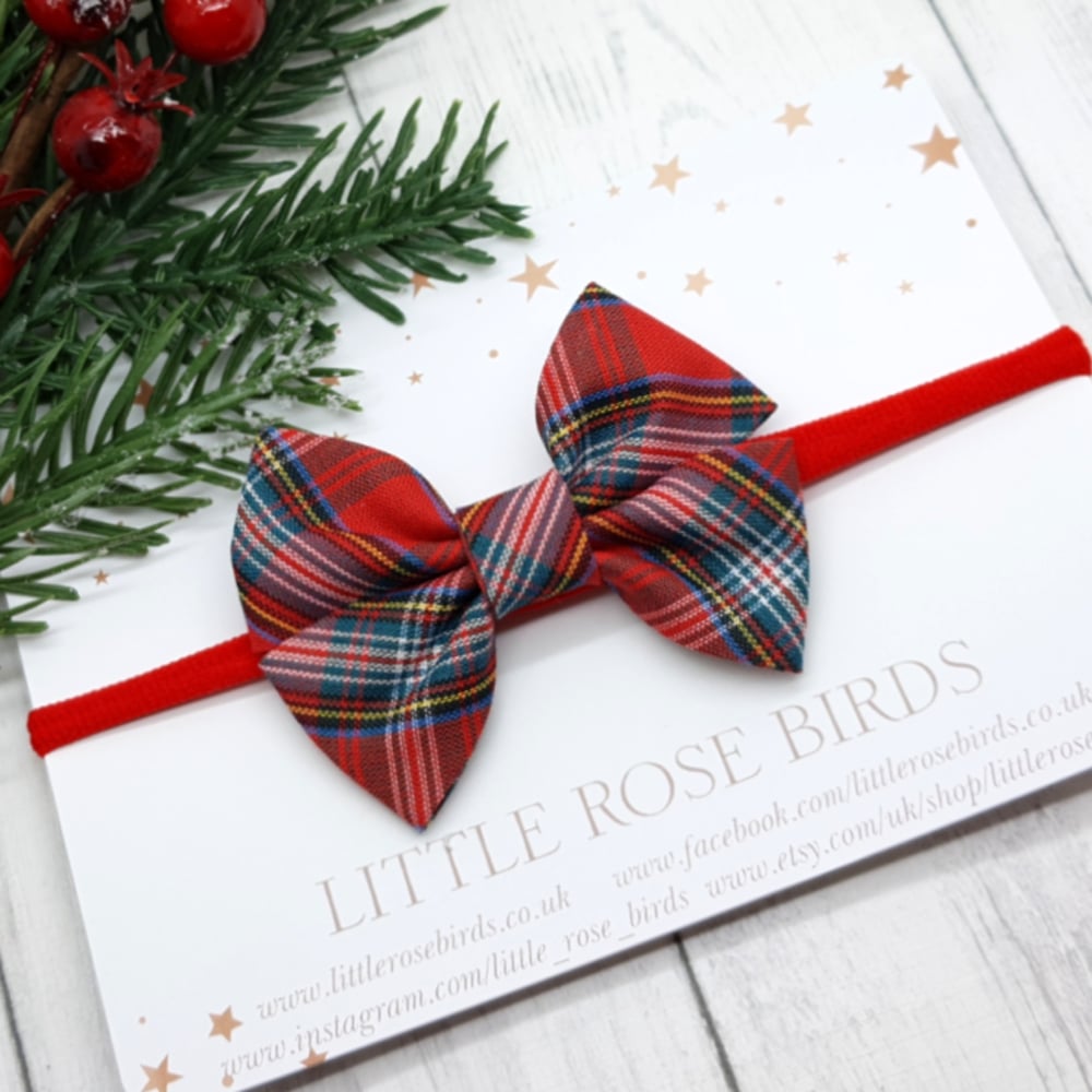 Image of Red Tartan Cotton Pinch Bow  - Choice of Headband or Clip 