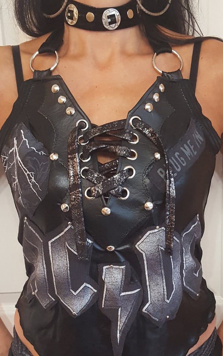 AC/DC logo halter top on black wet look stretch fabric | Rock Salvage ...