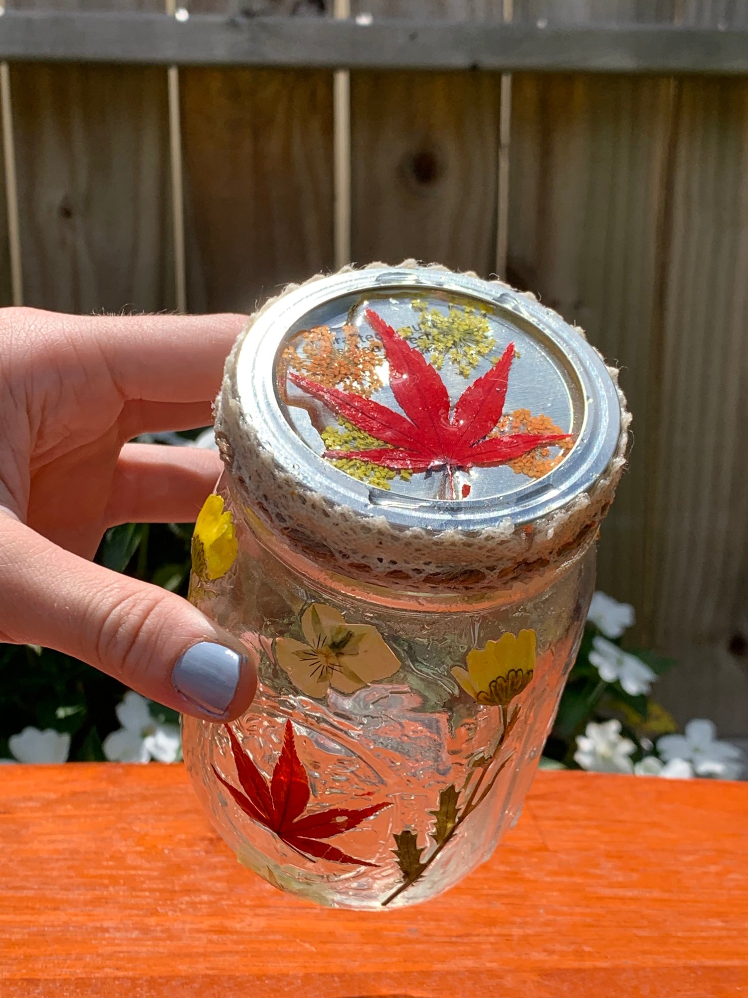 Red Maple Leaf + Flower Mason Jar