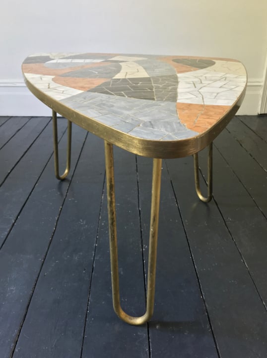 Image of Mid-Century Marble Mosaic Table with Brass Details