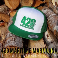 Image 1 of 420 MARITIME MARIJUANA KELLY GREEN / WHITE MESH EMBROIDERED TRUCKER HAT