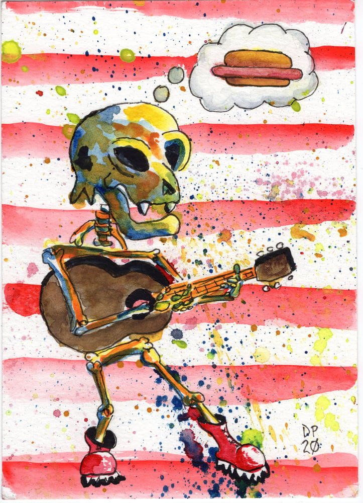 Image of "Skeleton Hot Dog" original watercolor painting by Dan P.