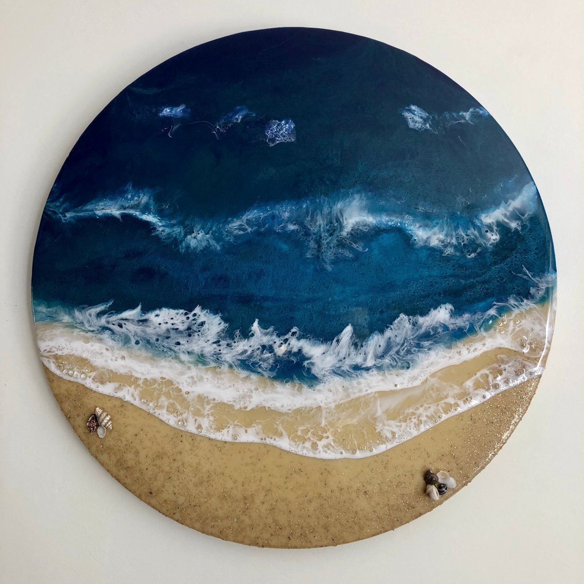 14" x 14" Ocean/beach resin painting. PAWS By Sue McLearie