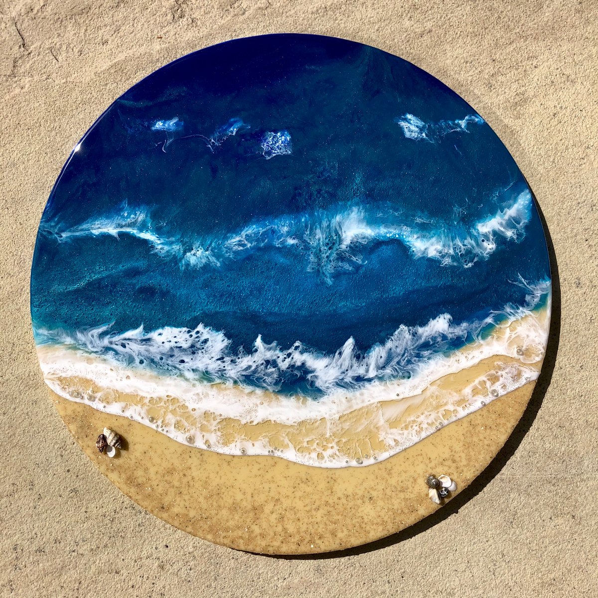 Image of 14" x 14" Ocean/beach resin painting.