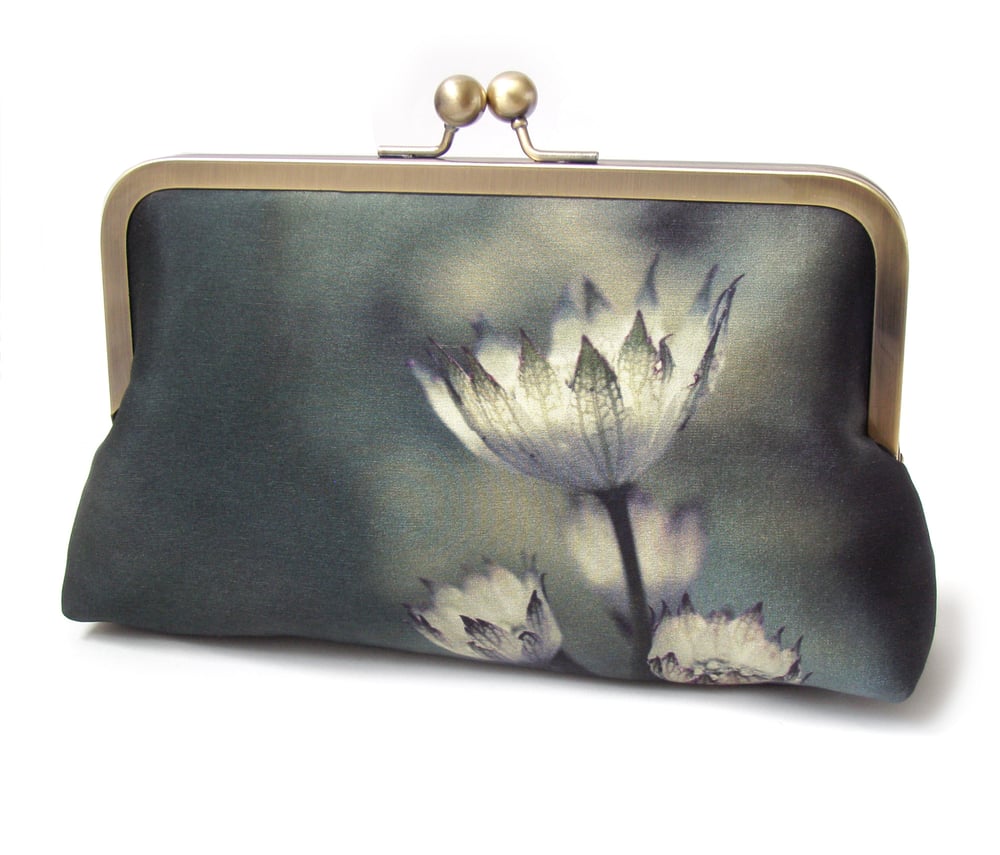 Image of Green astrantia, printed silk clutch bag