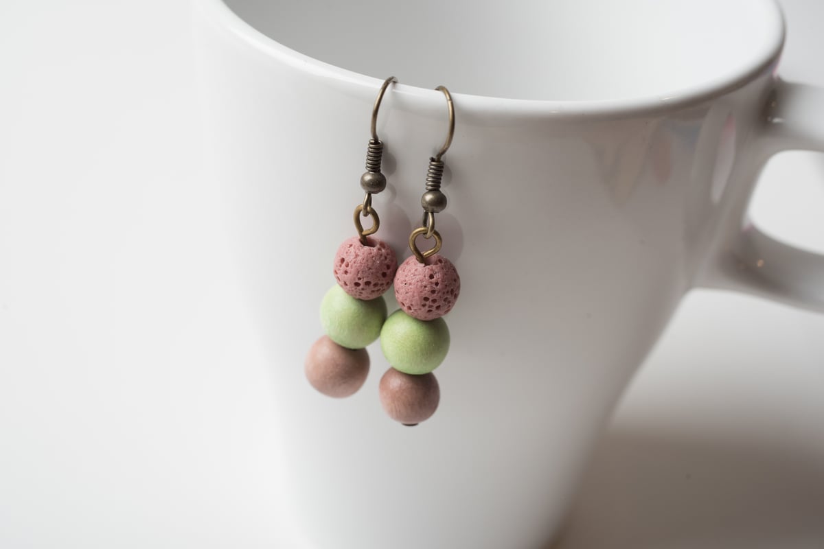 Image of Wood and Lava Stone Earrings: Rose Tone