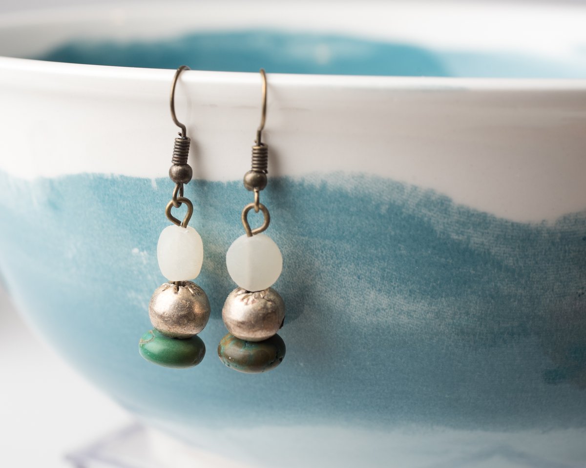 Image of Afghan Jade, African Brass, and Turquoise Earrings
