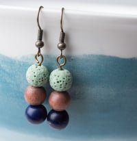 Image 2 of Wood and Lava Stone Earrings: Dark Tone