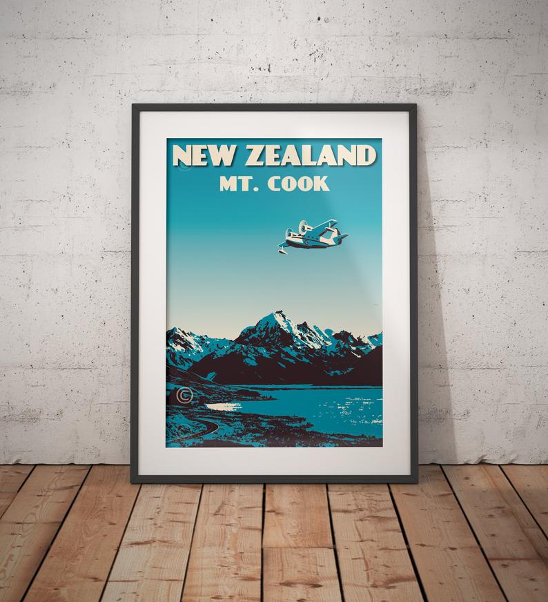 Image of Vintage poster New Zealand Mount Cook | Lake Pukaki | Wall Art decor | Seaplane | Night Blue