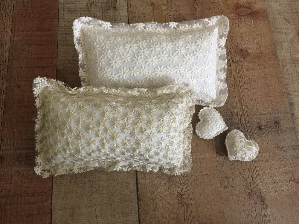 Image of Embroidered Ivory Pillow with Heart Stuffie