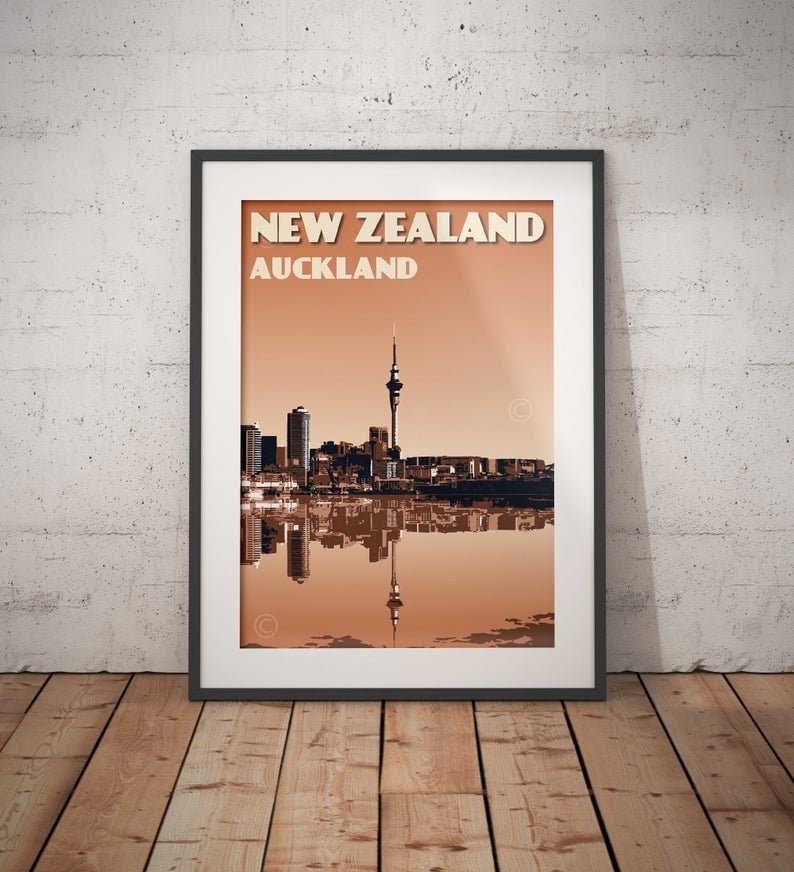 Vintage poster New Zealand Auckland City Skyline Wall Art decor