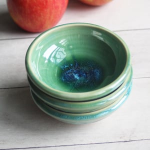 Image of Crackled Green Prep Bowls, Set of Three Ceramic Handmade Pottery Bowls, Made in USA