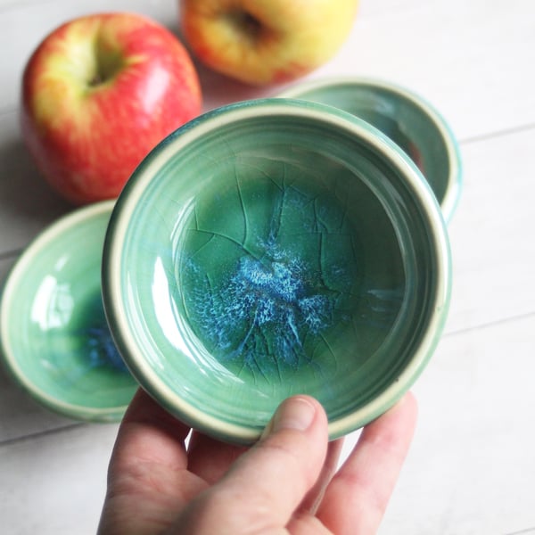 Image of Crackled Green Prep Bowls, Set of Three Ceramic Handmade Pottery Bowls, Made in USA