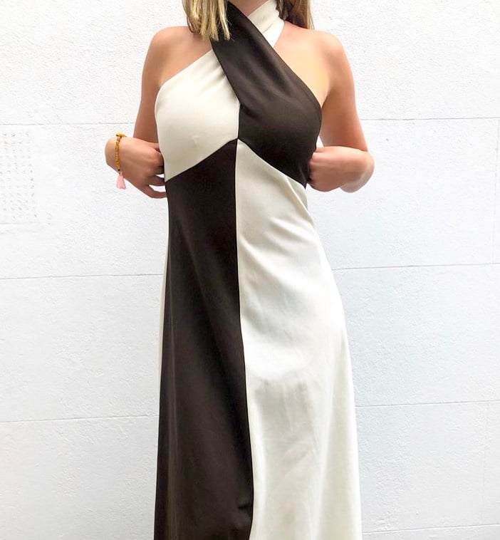 1970s chocolate brown and white twist neck dress