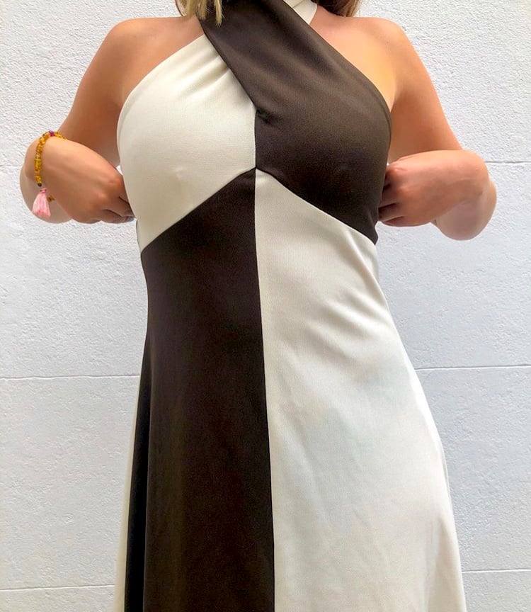 1970s chocolate brown and white twist neck dress Image 2