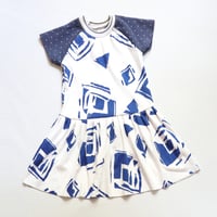 Image 2 of blue and white geometric polka dots 4T galey & lord vintage 80s 90s gathered hem short sleeve dress