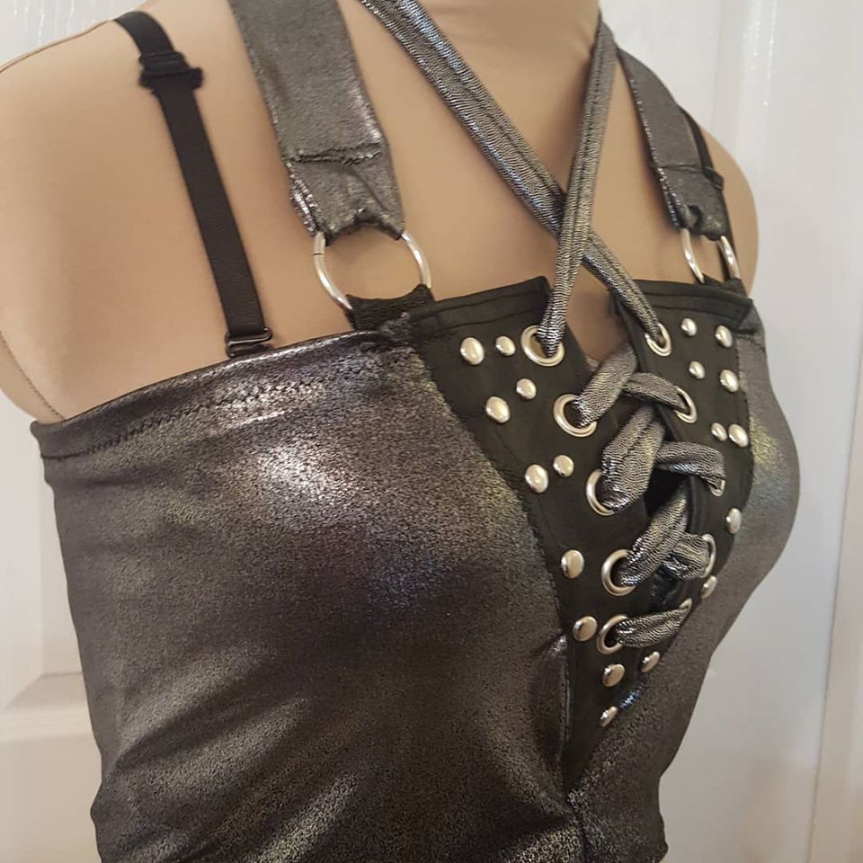 Metallic silver lace up front cropped halter top | Rock Salvage Clothing