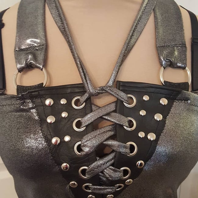 Metallic silver lace up front cropped halter top | Rock Salvage Clothing