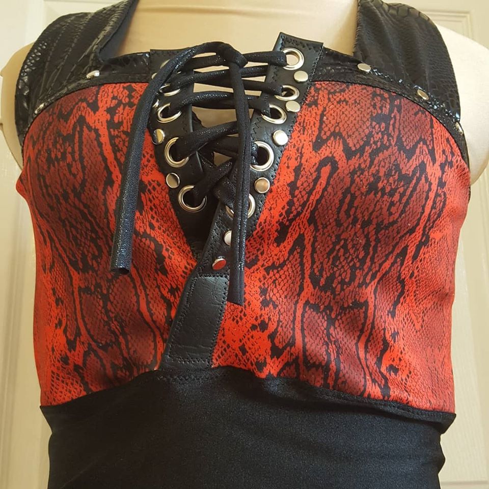 Red & black snake print, lace up front, cropped halter top | Rock