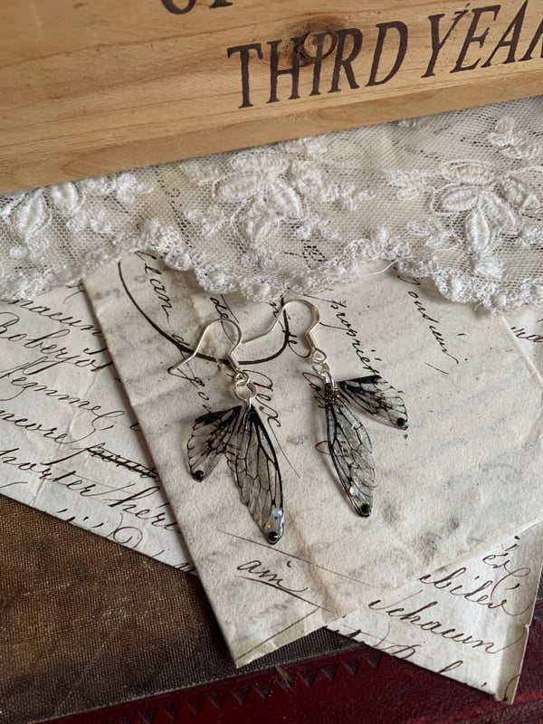 Image of New Black tiny faerie wing earrings