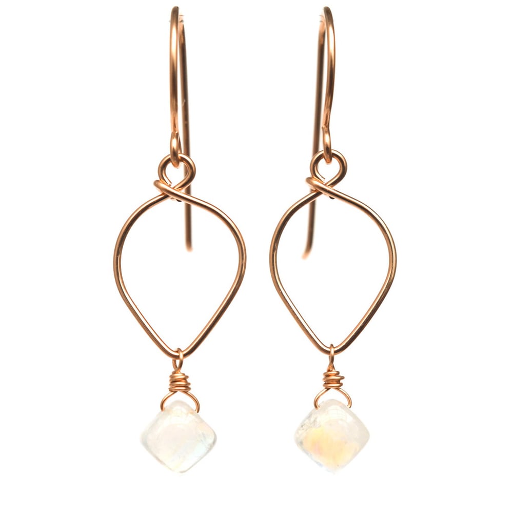 Image of Rainbow moonstone lotus loop earrings 14kt rose gold-filled