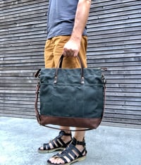 Image 2 of Waxed canvas tote bag / office bag with luggage handle attachment leather handles and shoulder strap