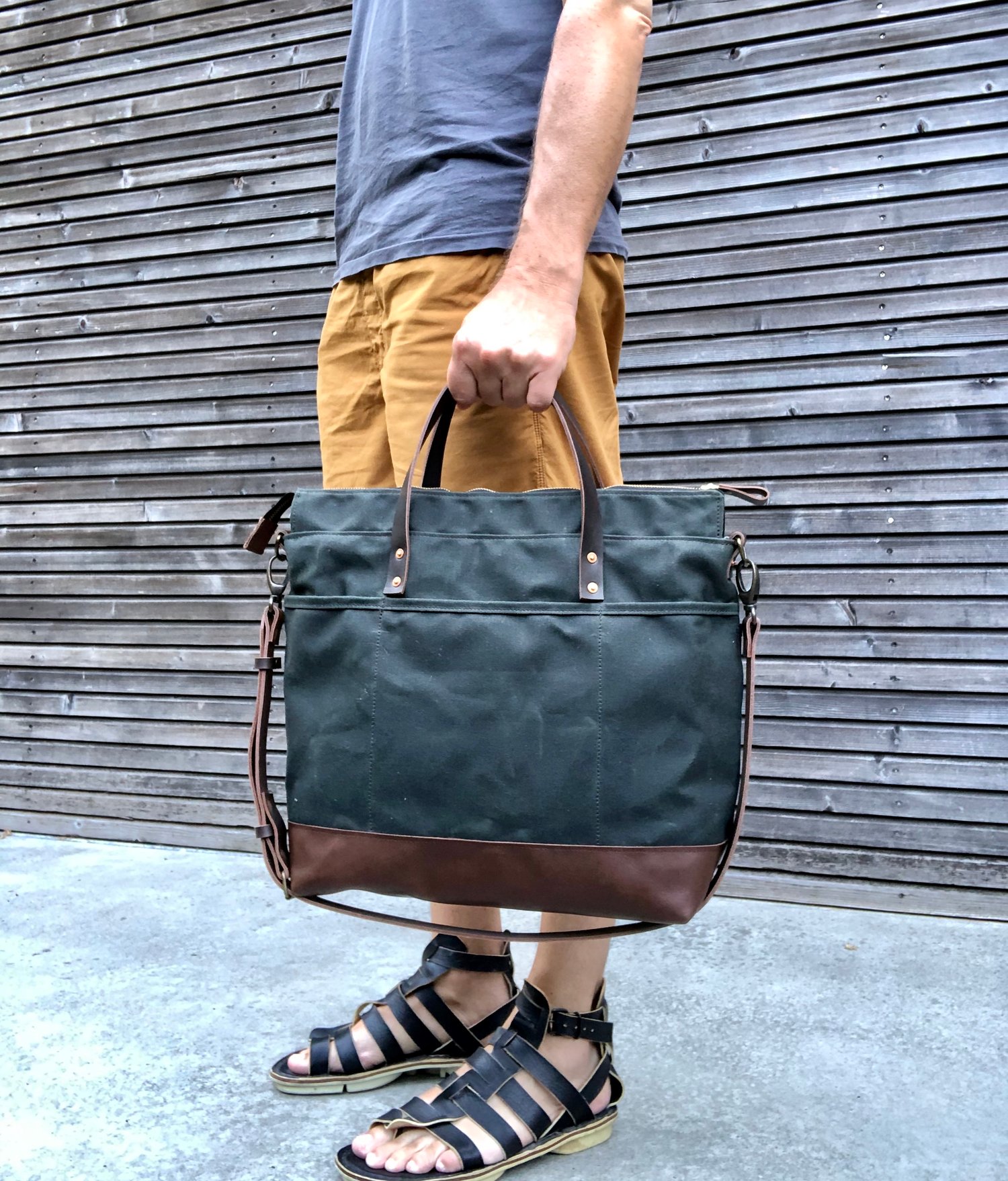 Image of Waxed canvas tote bag / office bag with luggage handle attachment leather handles and shoulder strap