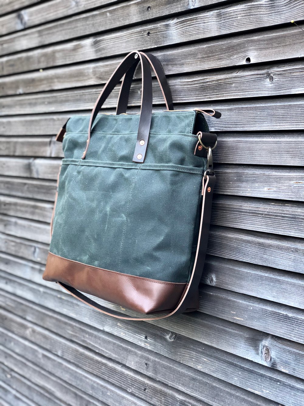 Waxed canvas tote bag / office bag with luggage handle attachment leather  handles and shoulder strap