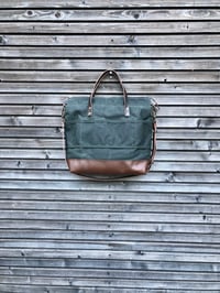 Image 4 of Waxed canvas tote bag / office bag with luggage handle attachment leather handles and shoulder strap